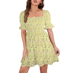 Graphic Lillies Yellow Ruffles Square Neck Dress up to 5 XL (FWS)