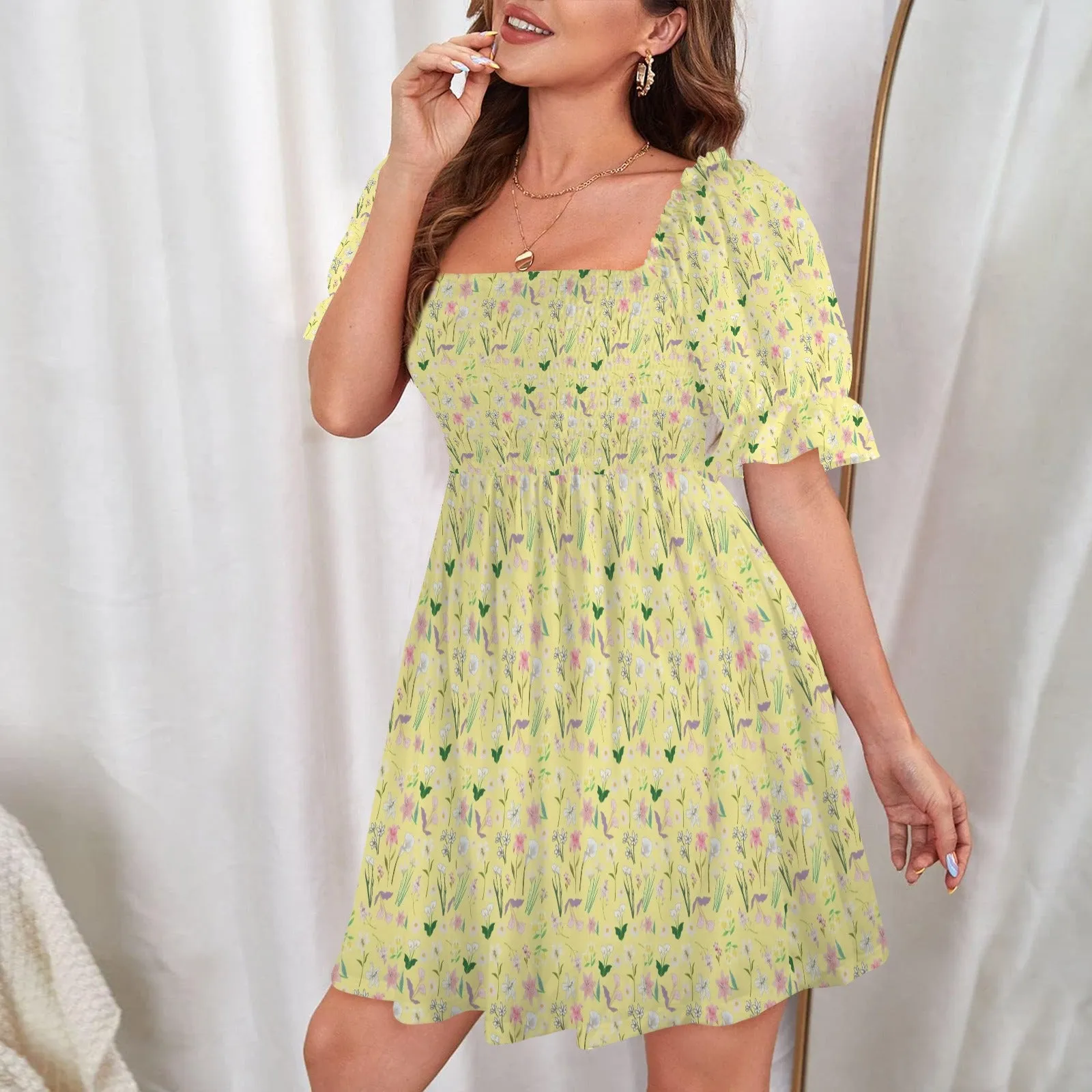 Graphic Lillies Yellow Ruffles Square Neck Dress up to 5 XL (FWS)