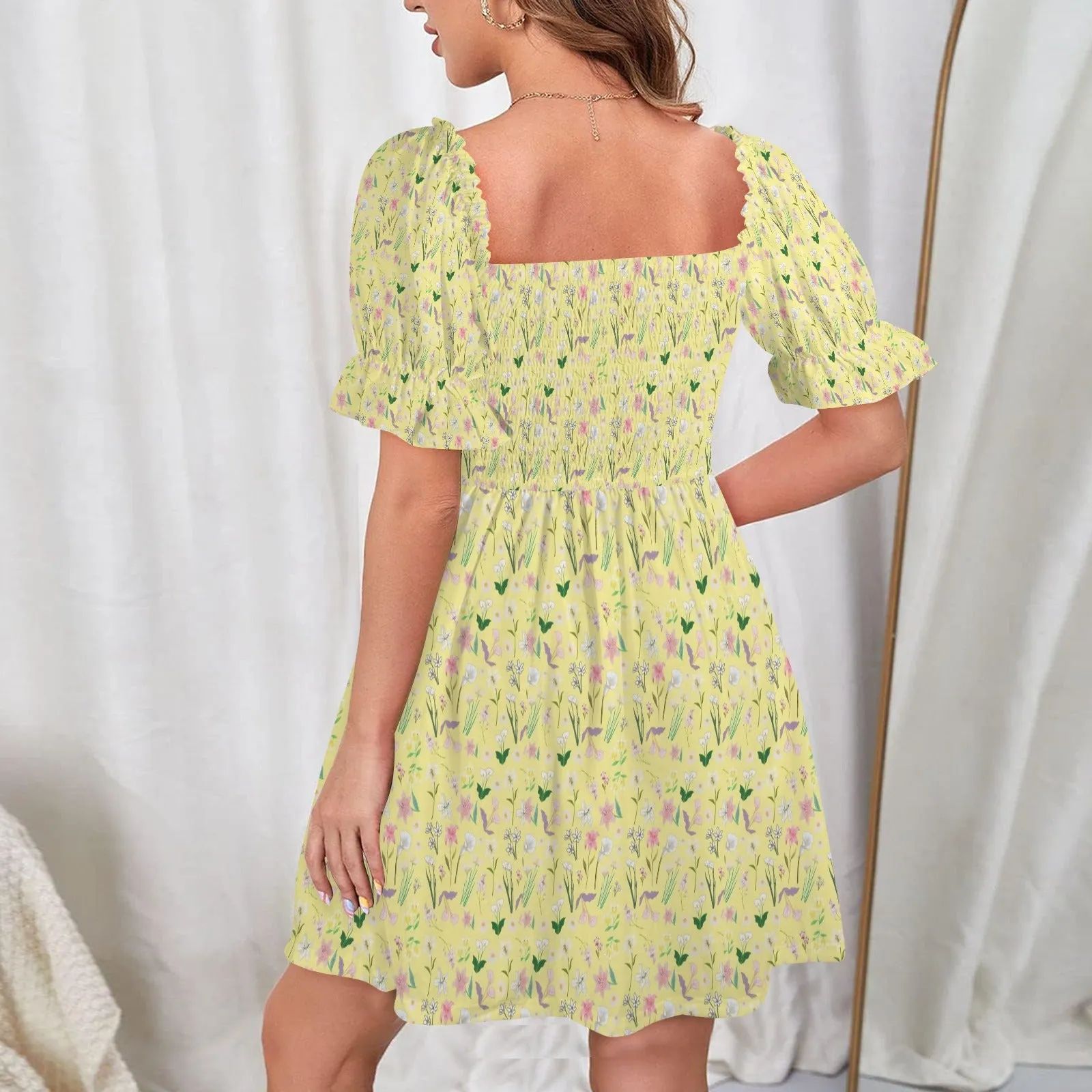 Graphic Lillies Yellow Ruffles Square Neck Dress up to 5 XL (FWS)
