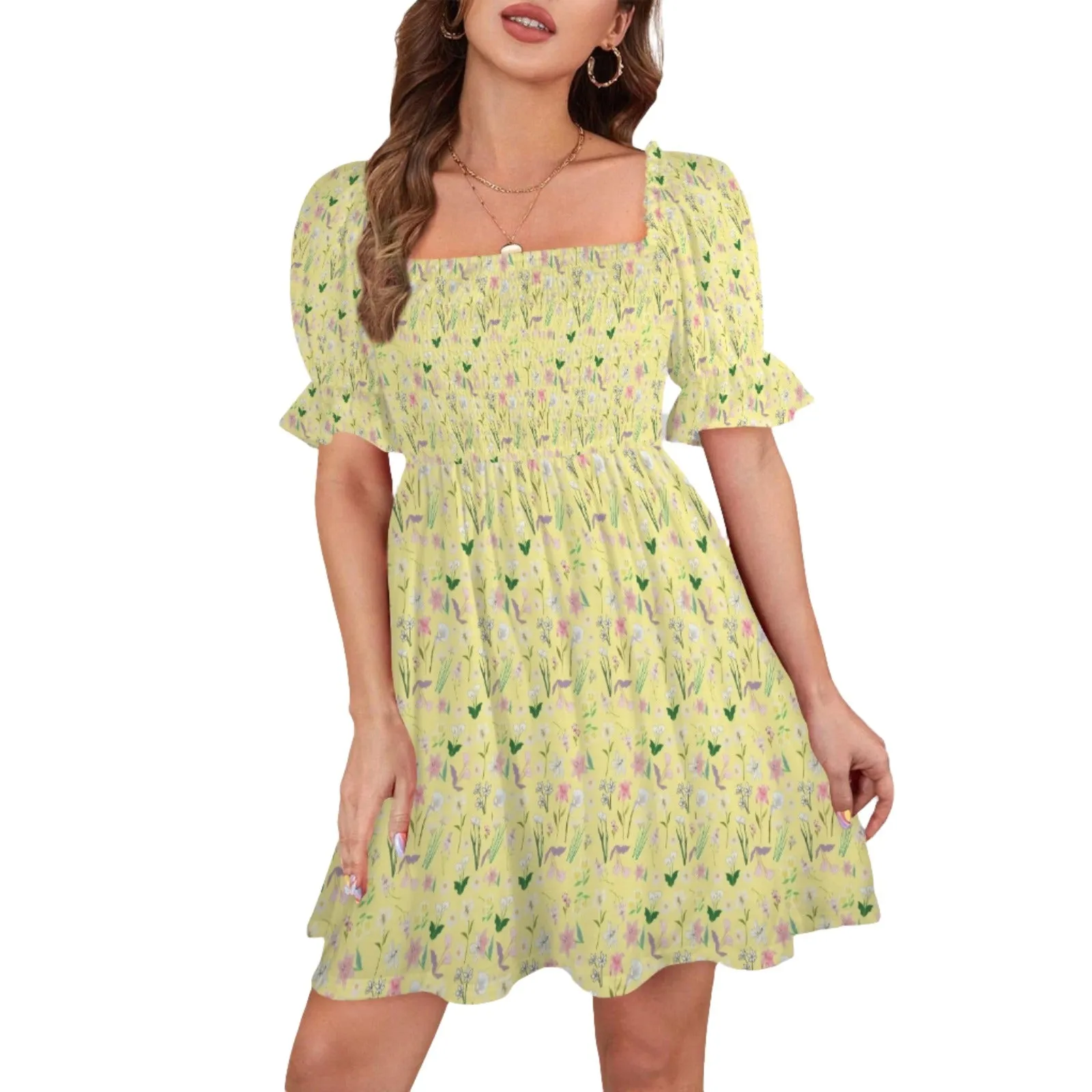 Graphic Lillies Yellow Ruffles Square Neck Dress up to 5 XL (FWS)
