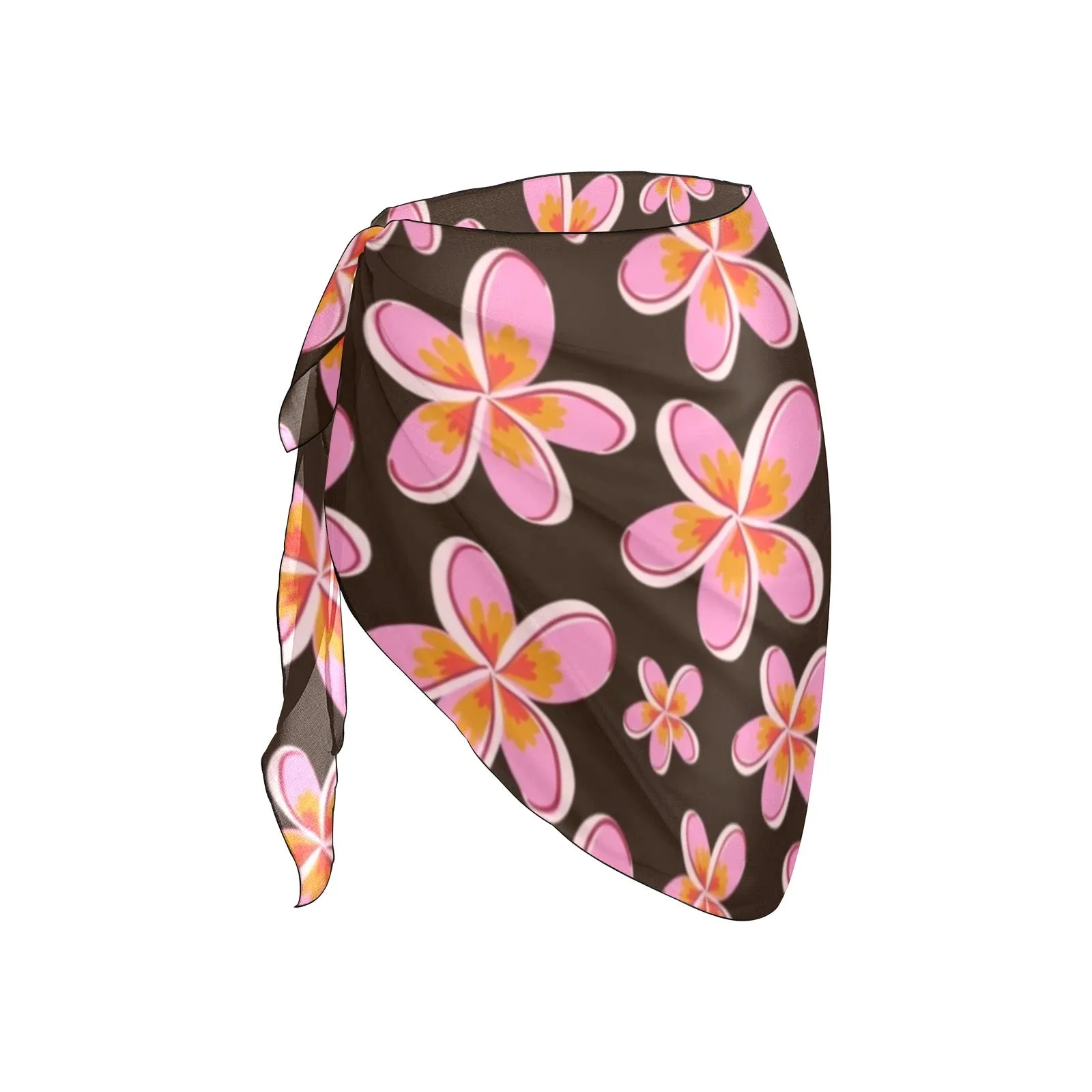 Graphic Pink Frangipanis Dark Brown Short Chiffon Sarong Wrap up to 5 XL (FWS)