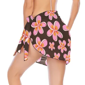 Graphic Pink Frangipanis Dark Brown Short Chiffon Sarong Wrap up to 5 XL (FWS)