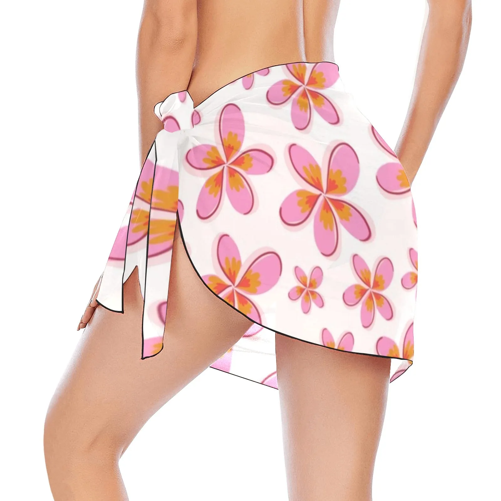 Graphic Pink Frangipanis White Short Chiffon Sarong Wrap up to 5 XL (FWS)