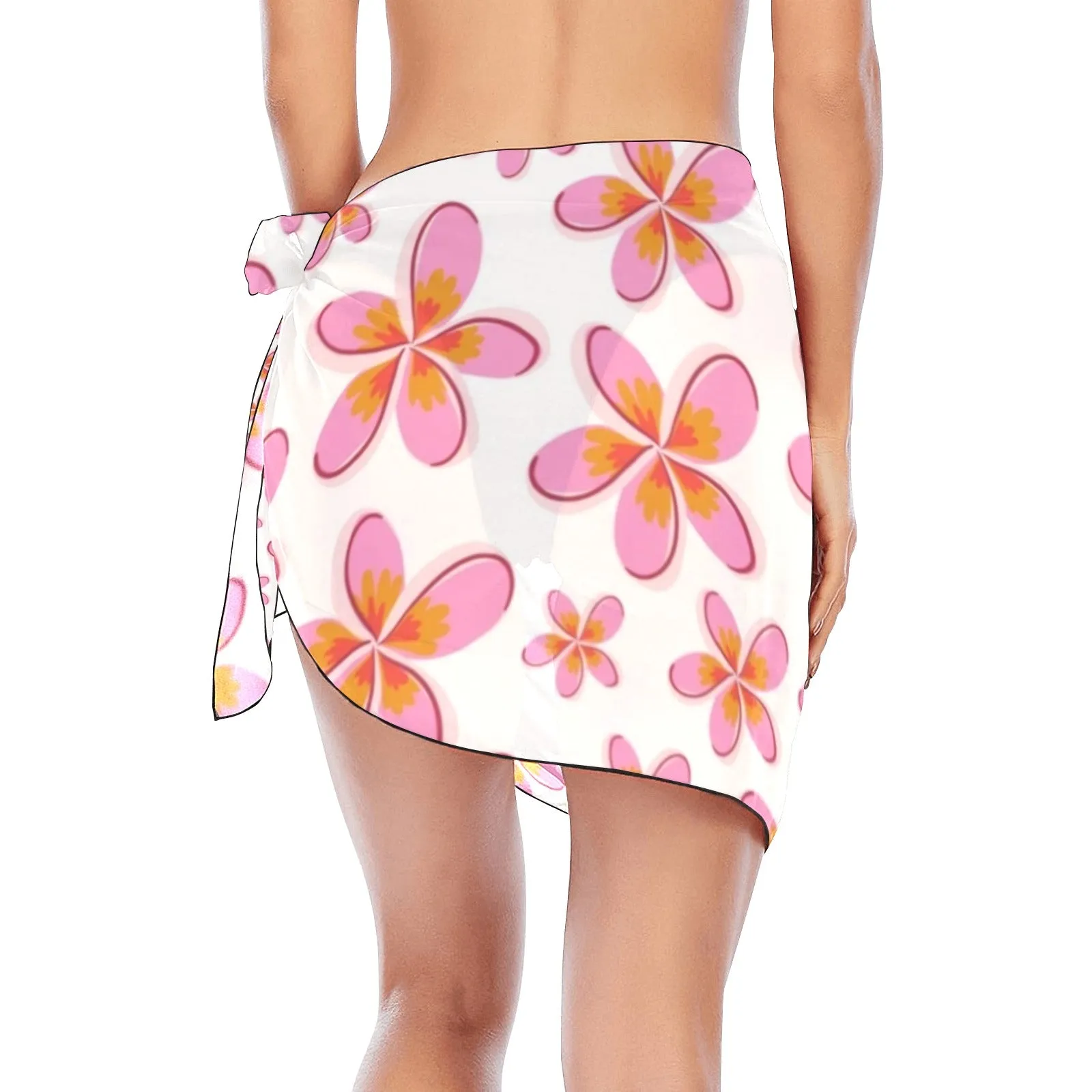Graphic Pink Frangipanis White Short Chiffon Sarong Wrap up to 5 XL (FWS)