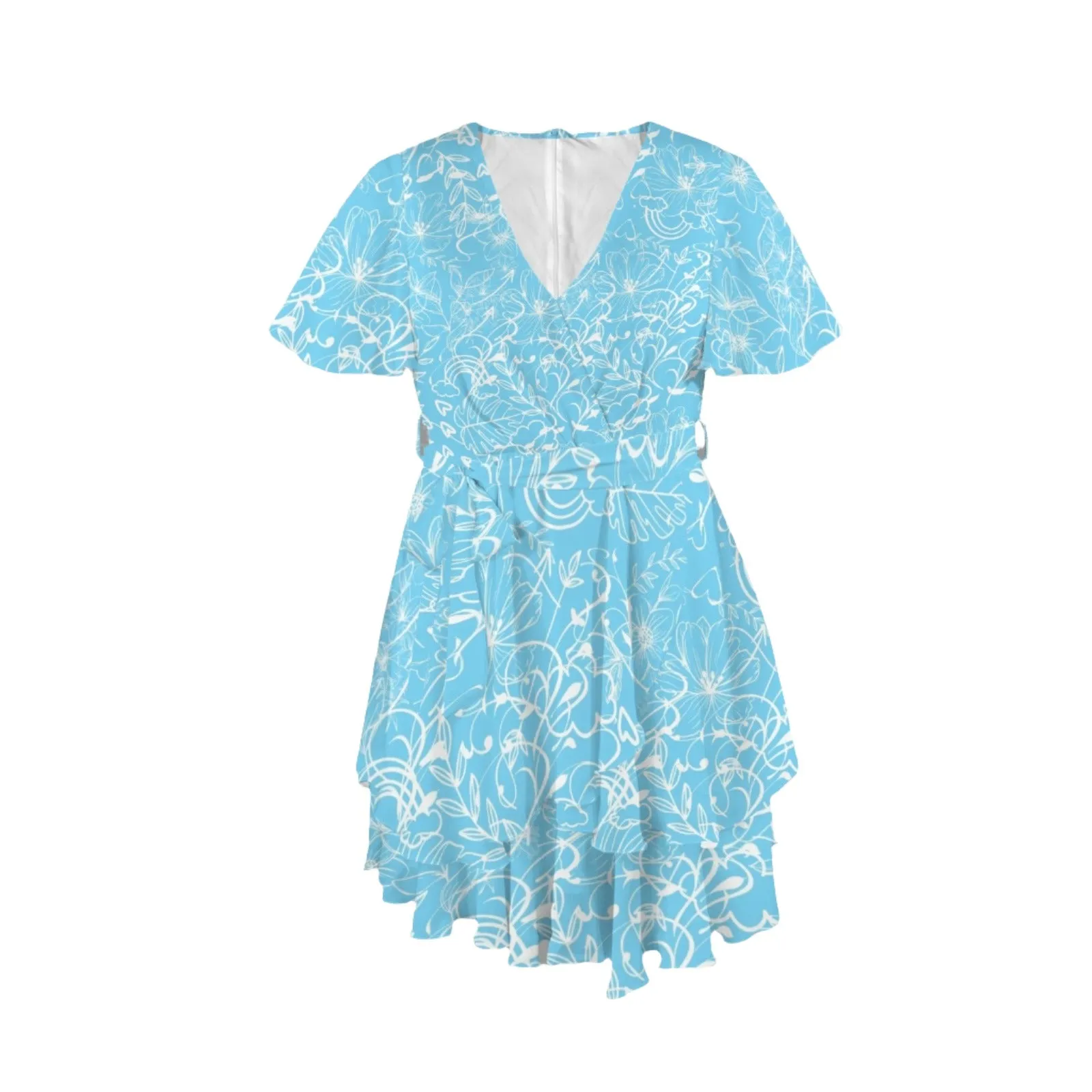Graphic White on Blue V Neck Double Ruffle Hem Dress up to 5 XL (FWS)
