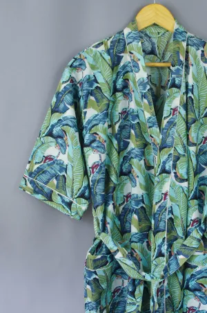 Green Banana Leaves Cotton Kimono Dressing Gown - One size