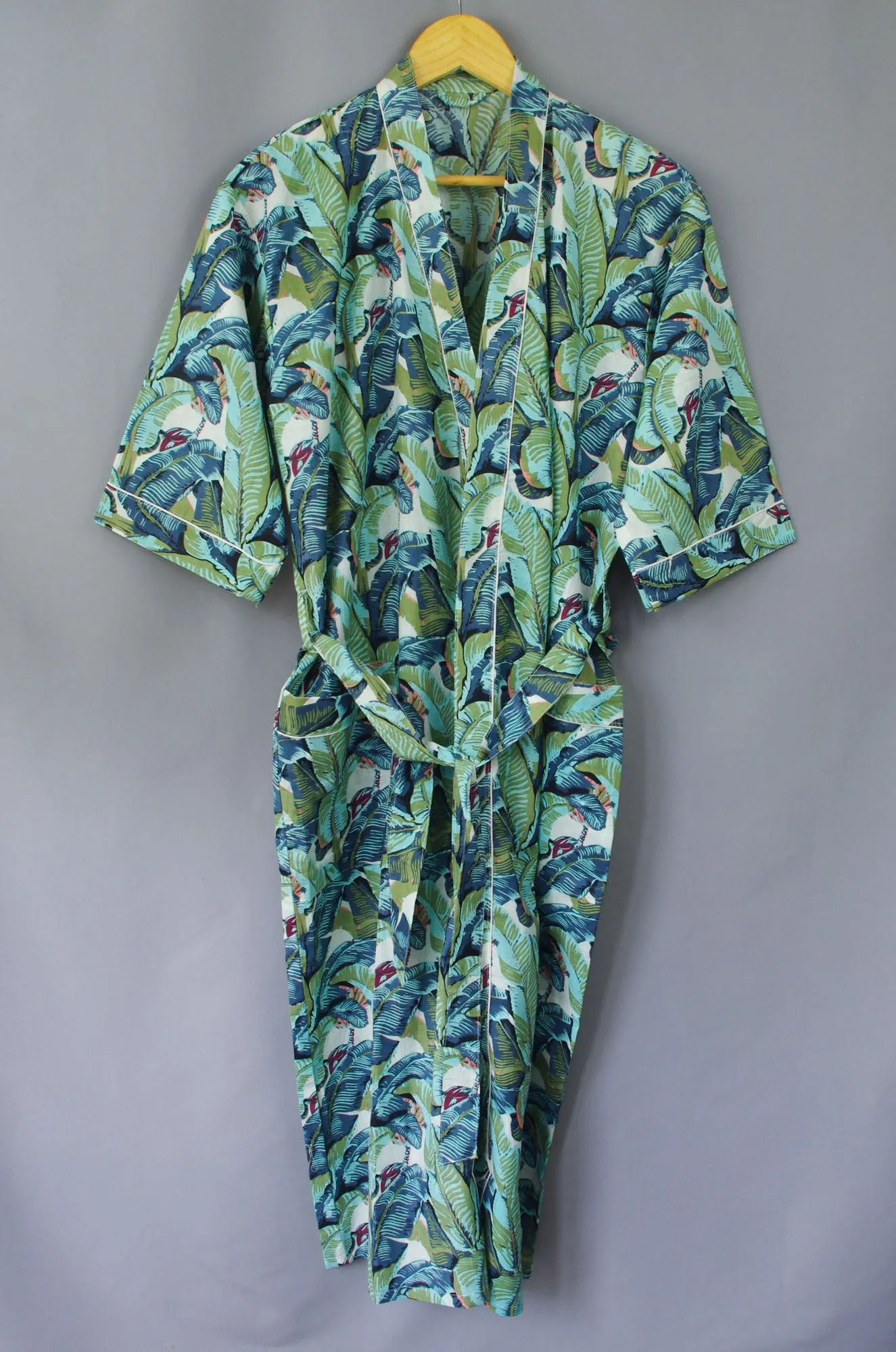 Green Banana Leaves Cotton Kimono Dressing Gown - One size