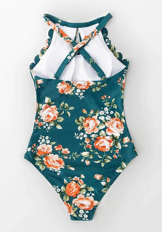 Green Floral Scalloped One-piece