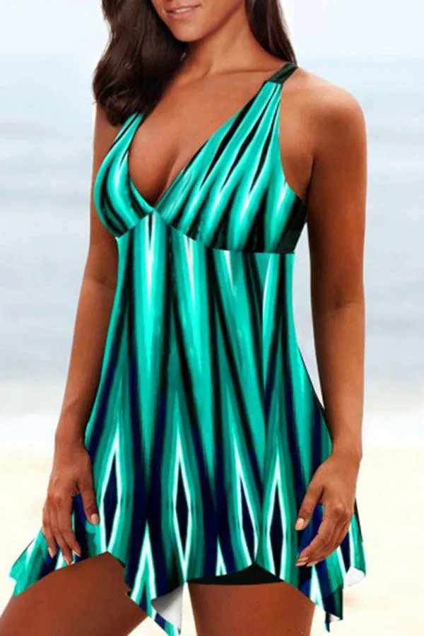 Green Graphic Print Casual Tankini Swimwear