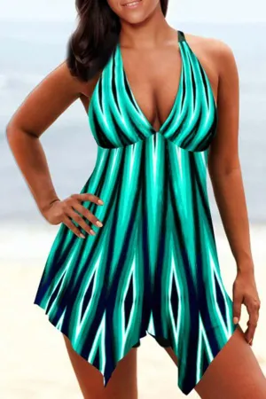Green Graphic Print Casual Tankini Swimwear