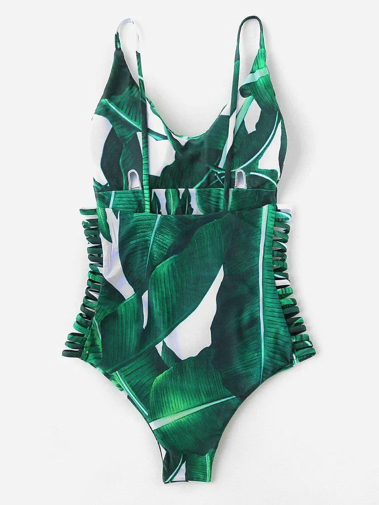 Green Leaf Print Ladder Cutout One-Piece Swimwear