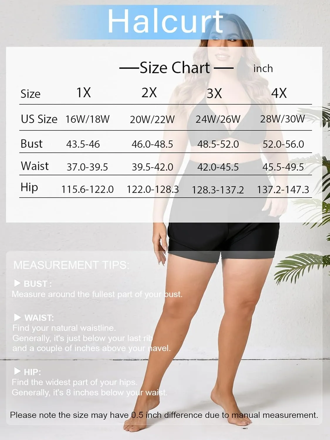 Halcurt Women's Plus Size High Waisted Swim Board Short with Boxer Liner Quick Dry Swimsuit Bottoms