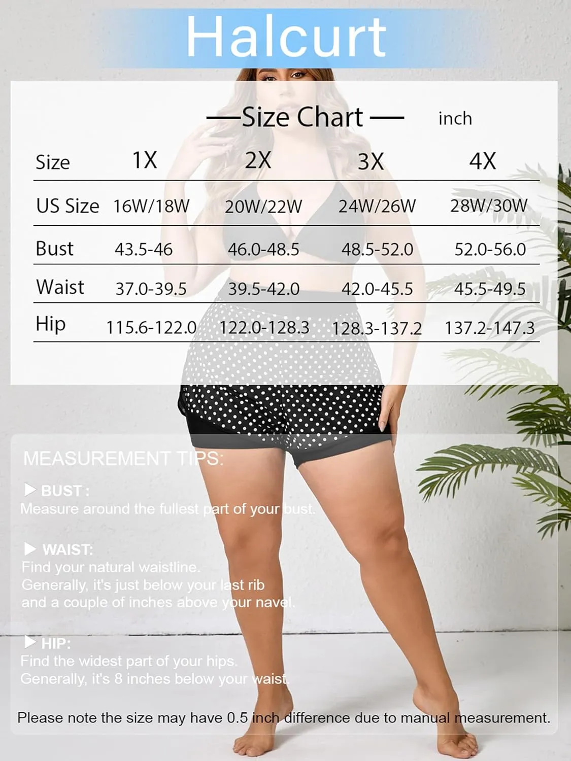 Halcurt Women's Plus Size High Waisted Swim Board Short with Boxer Liner Quick Dry Swimsuit Bottoms