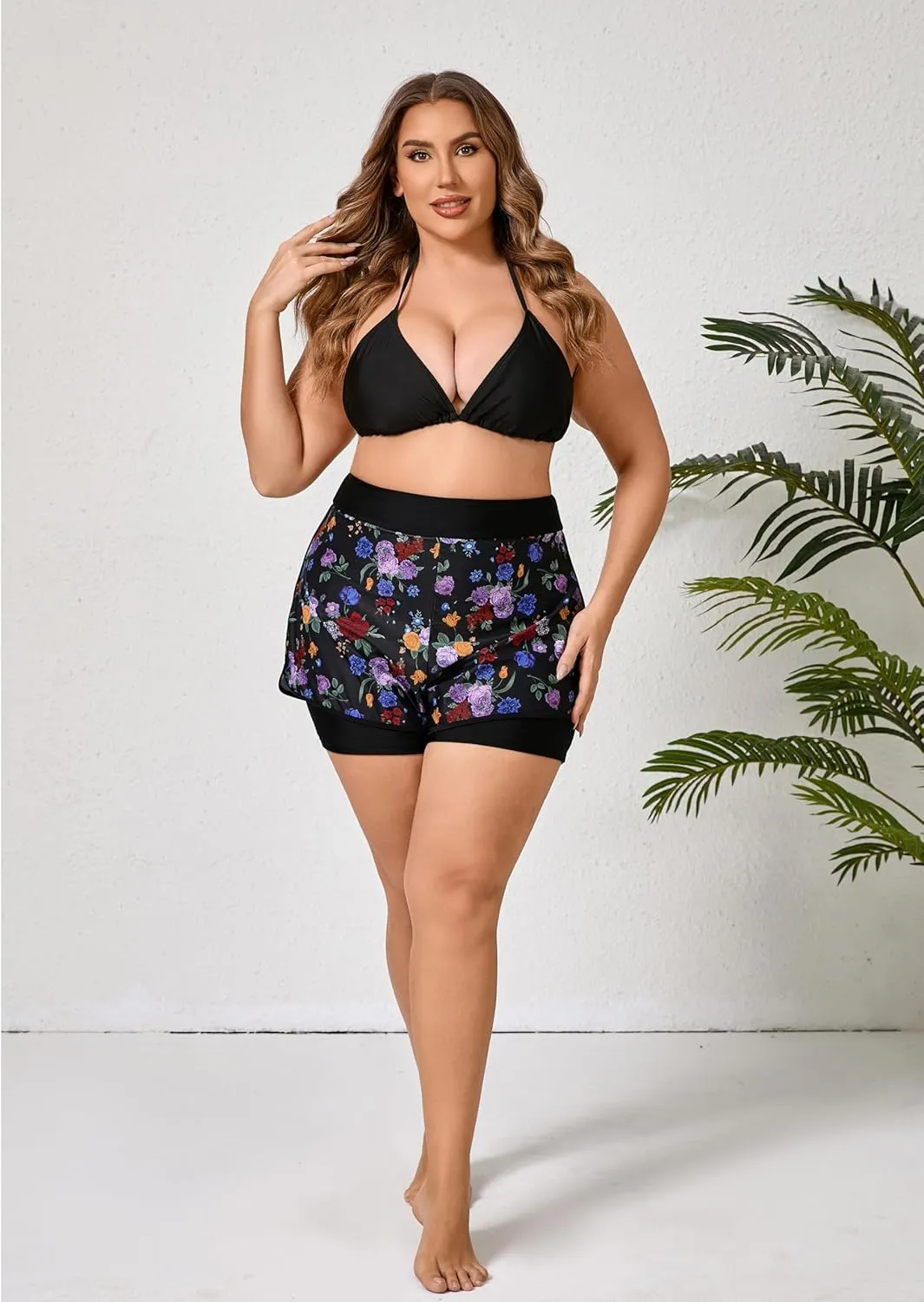 Halcurt Women's Plus Size High Waisted Swim Board Short with Boxer Liner Quick Dry Swimsuit Bottoms