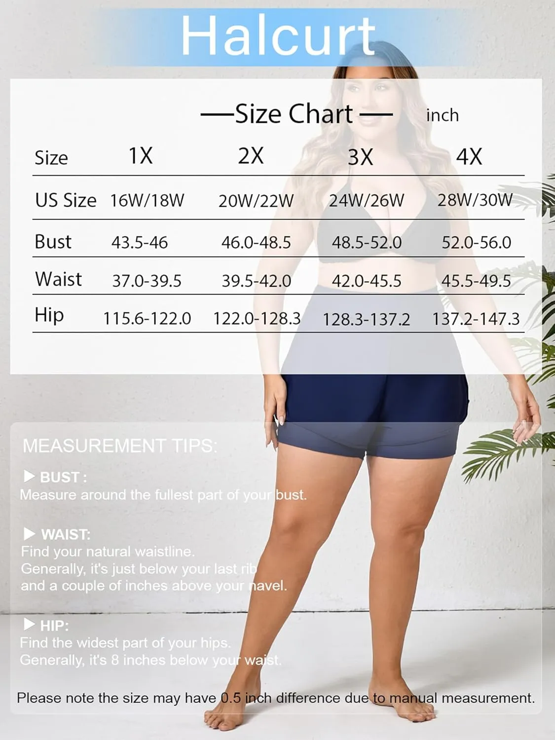 Halcurt Women's Plus Size High Waisted Swim Board Short with Boxer Liner Quick Dry Swimsuit Bottoms