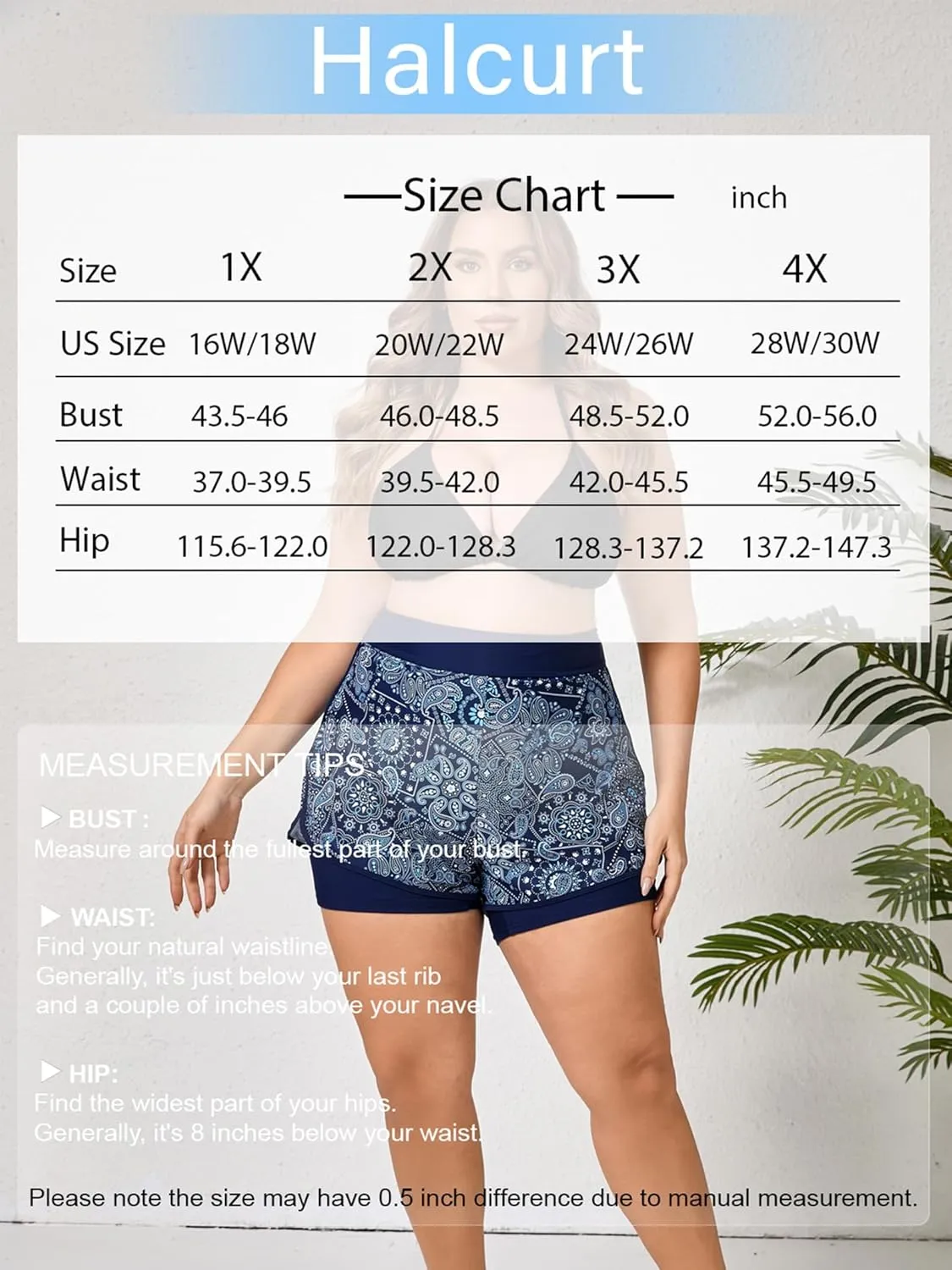 Halcurt Women's Plus Size High Waisted Swim Board Short with Boxer Liner Quick Dry Swimsuit Bottoms
