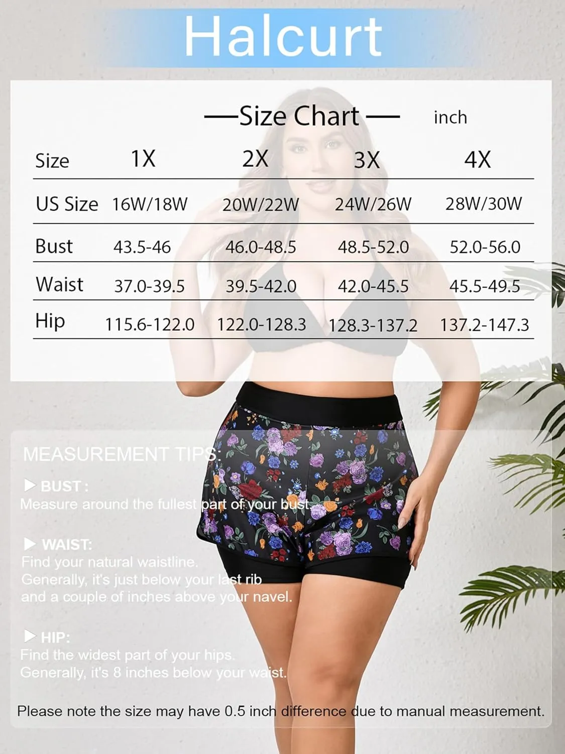 Halcurt Women's Plus Size High Waisted Swim Board Short with Boxer Liner Quick Dry Swimsuit Bottoms