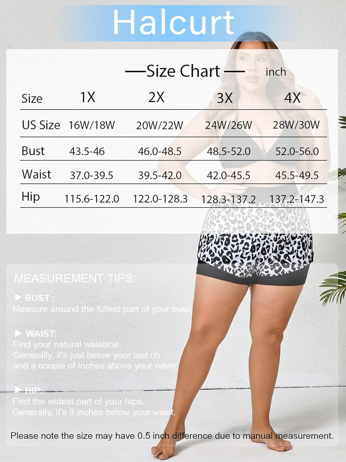 Halcurt Women's Plus Size High Waisted Swim Board Short with Boxer Liner Quick Dry Swimsuit Bottoms
