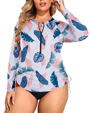 Half Zip Long Sleeve Plus Size Swimsuit Set With Built In Bra-White Leaf