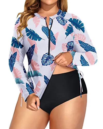 Half Zip Long Sleeve Plus Size Swimsuit Set With Built In Bra-White Leaf