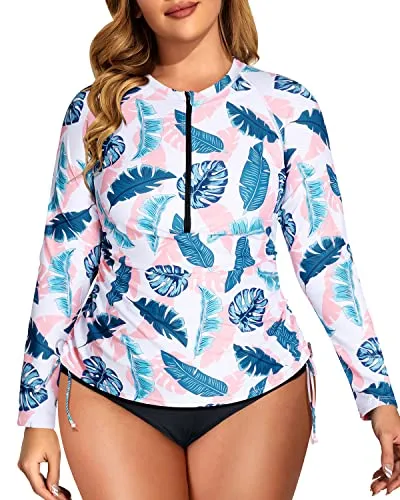 Half Zip Long Sleeve Plus Size Swimsuit Set With Built In Bra-White Leaf