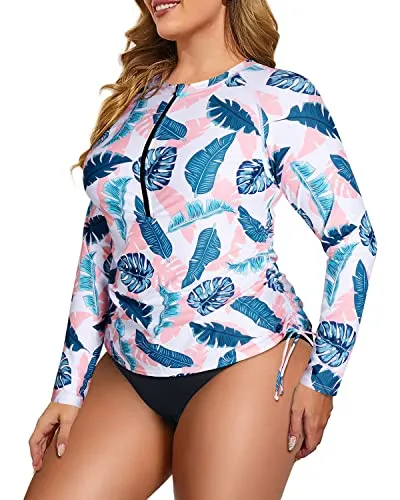 Half Zip Long Sleeve Plus Size Swimsuit Set With Built In Bra-White Leaf