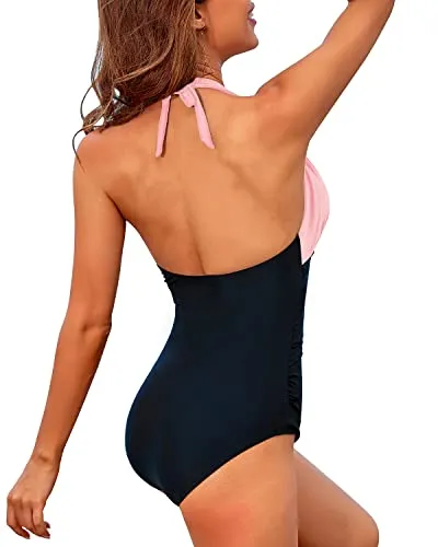 Halter Bathing Suits Tummy Control Backless Swimwear-Pink And Black