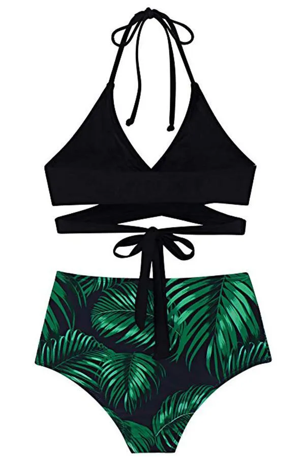 Halter Cross Wrap Bandage Push Up Printed High Waisted 2 Piece Bikini
