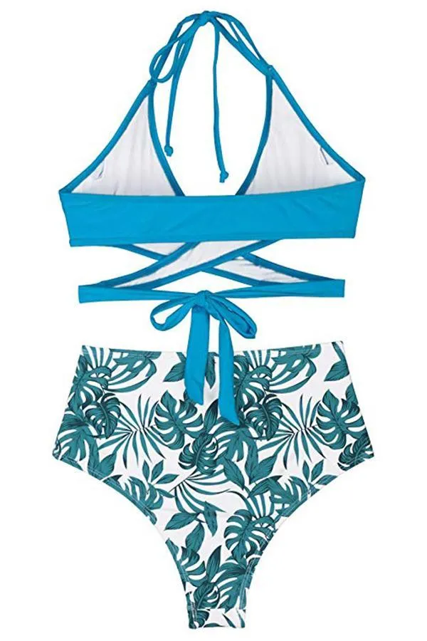 Halter Cross Wrap Bandage Push Up Printed High Waisted 2 Piece Bikini