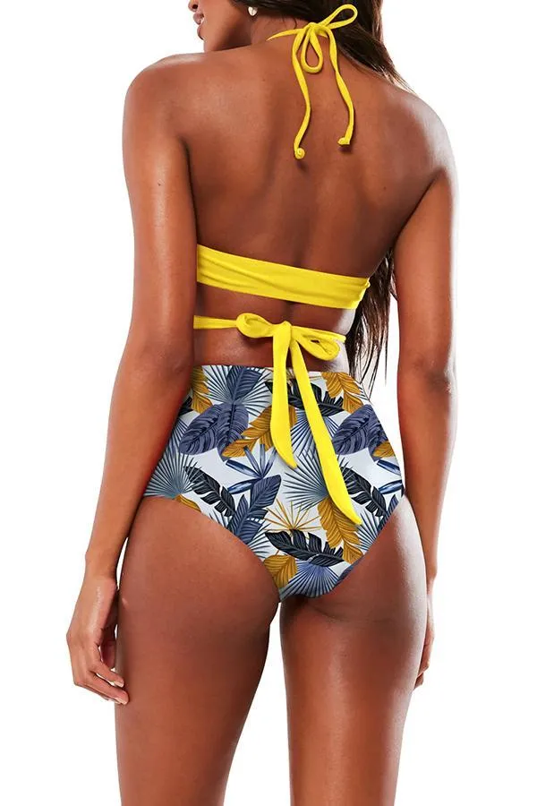 Halter Cross Wrap Bandage Push Up Printed High Waisted 2 Piece Bikini