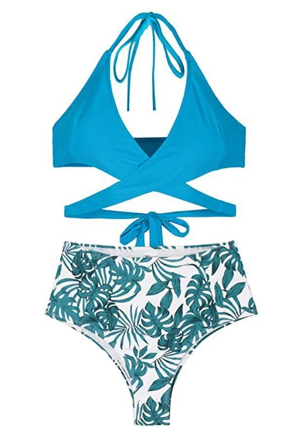 Halter Cross Wrap Bandage Push Up Printed High Waisted 2 Piece Bikini