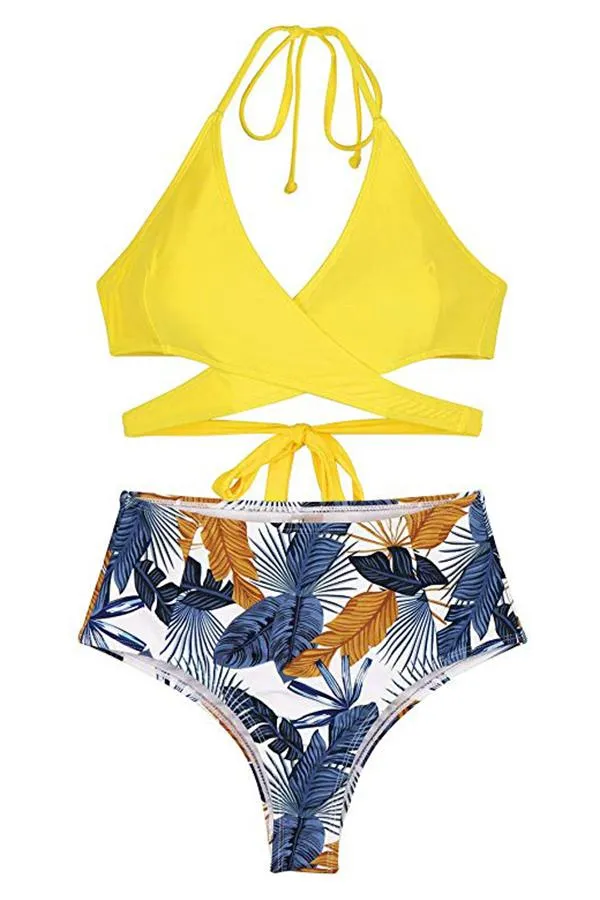 Halter Cross Wrap Bandage Push Up Printed High Waisted 2 Piece Bikini