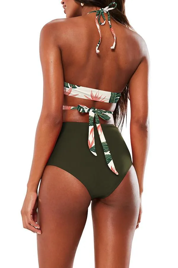 Halter Cross Wrap Bandage Push Up Printed High Waisted 2 Piece Bikini