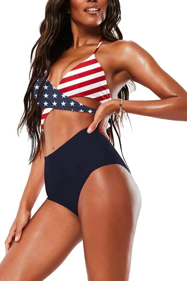 Halter Cross Wrap Bandage Push Up Printed High Waisted 2 Piece Bikini