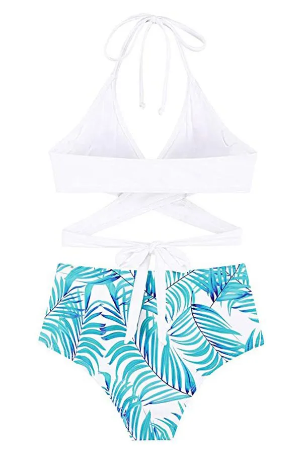 Halter Cross Wrap Bandage Push Up Printed High Waisted 2 Piece Bikini