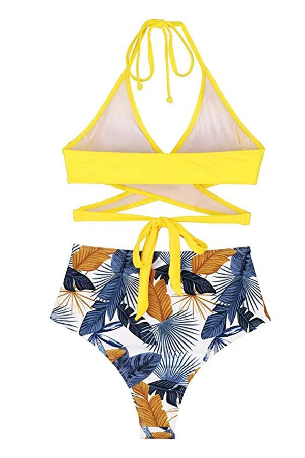 Halter Cross Wrap Bandage Push Up Printed High Waisted 2 Piece Bikini