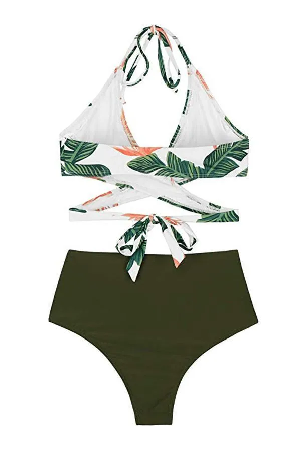 Halter Cross Wrap Bandage Push Up Printed High Waisted 2 Piece Bikini