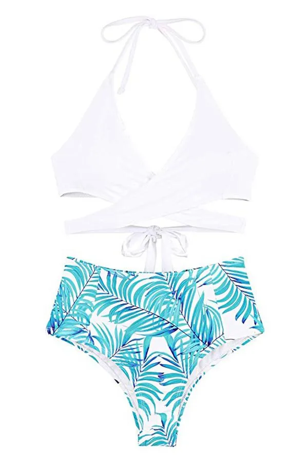 Halter Cross Wrap Bandage Push Up Printed High Waisted 2 Piece Bikini