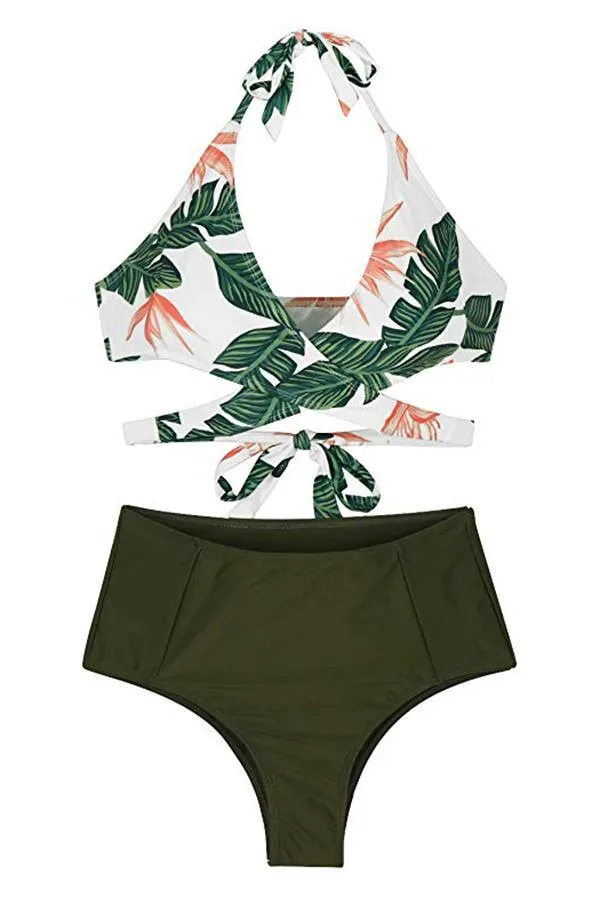 Halter Cross Wrap Bandage Push Up Printed High Waisted 2 Piece Bikini