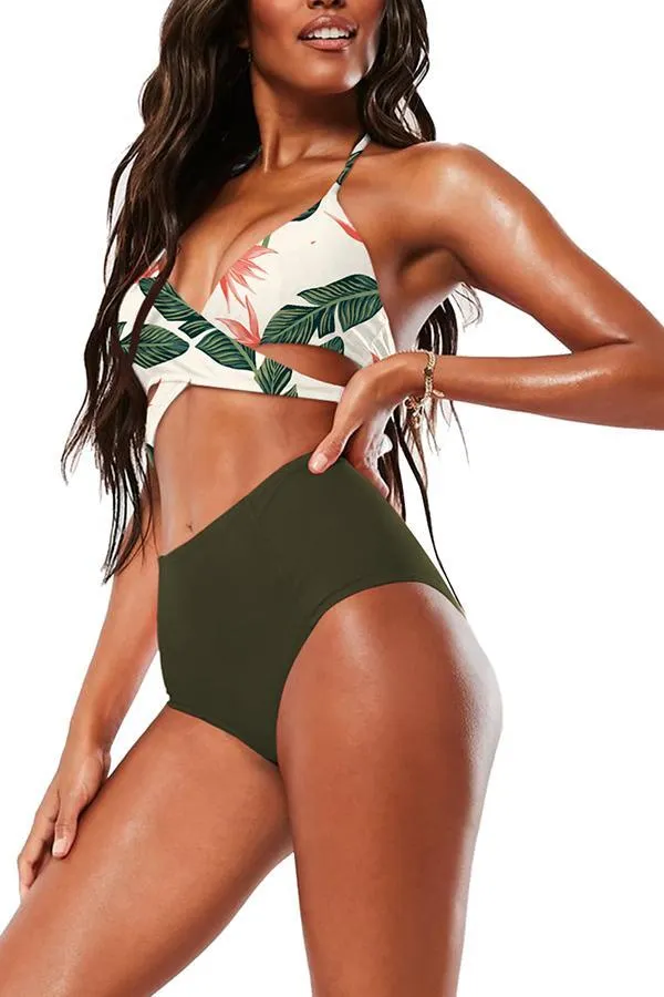 Halter Cross Wrap Bandage Push Up Printed High Waisted 2 Piece Bikini