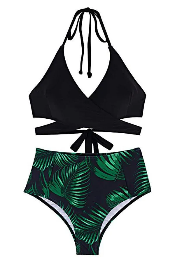 Halter Cross Wrap Bandage Push Up Printed High Waisted 2 Piece Bikini