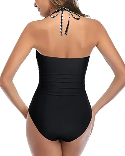 Halter Front Tie Knot Bathing Suit Retro High Waist Swimsuits-Black And White Checkered