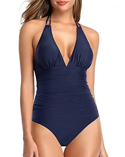 Halter One Piece Swimsuit Women Tummy Control Plunge V Neck Bathing Suit-Navy Blue