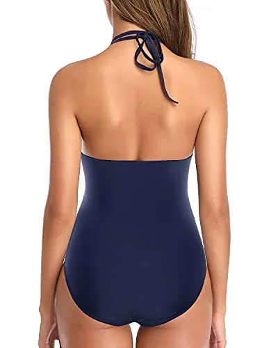 Halter One Piece Swimsuit Women Tummy Control Plunge V Neck Bathing Suit-Navy Blue