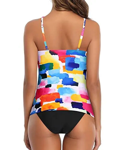 Halter Ruched Tankini Top With Bikini Bottom For Women-Color Block