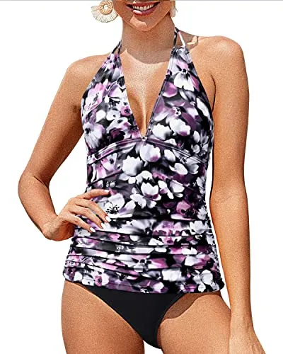 Halter Tankini Swimsuits V Neck And Bikini Bottom Two Piece Tankini-Purple Flower