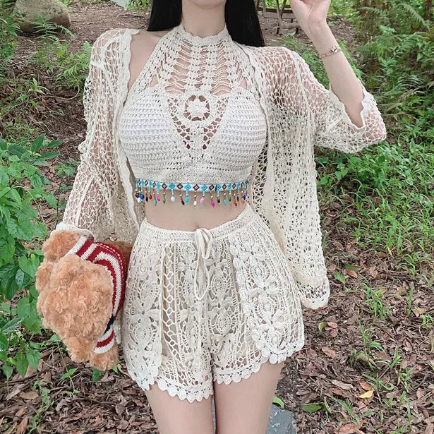 Halter Tube Top Cutout Coat Shorts Swimsuit Set