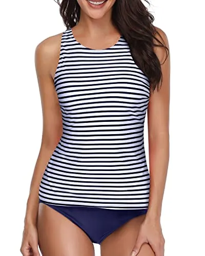 Halter Two Piece Tankini Swimsuits For Women-Blue White Stripe