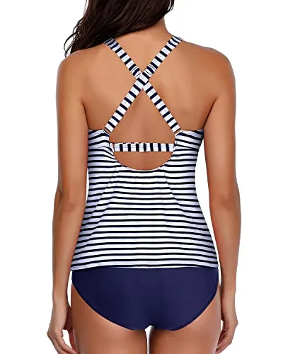 Halter Two Piece Tankini Swimsuits For Women-Blue White Stripe