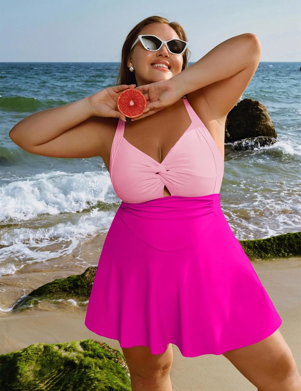 Hanna Nikole Women Plus Size Swimdress One Piece Swimsuit Tummy Control Twist Front Bathing Suit Ruched Skirted Swimwear